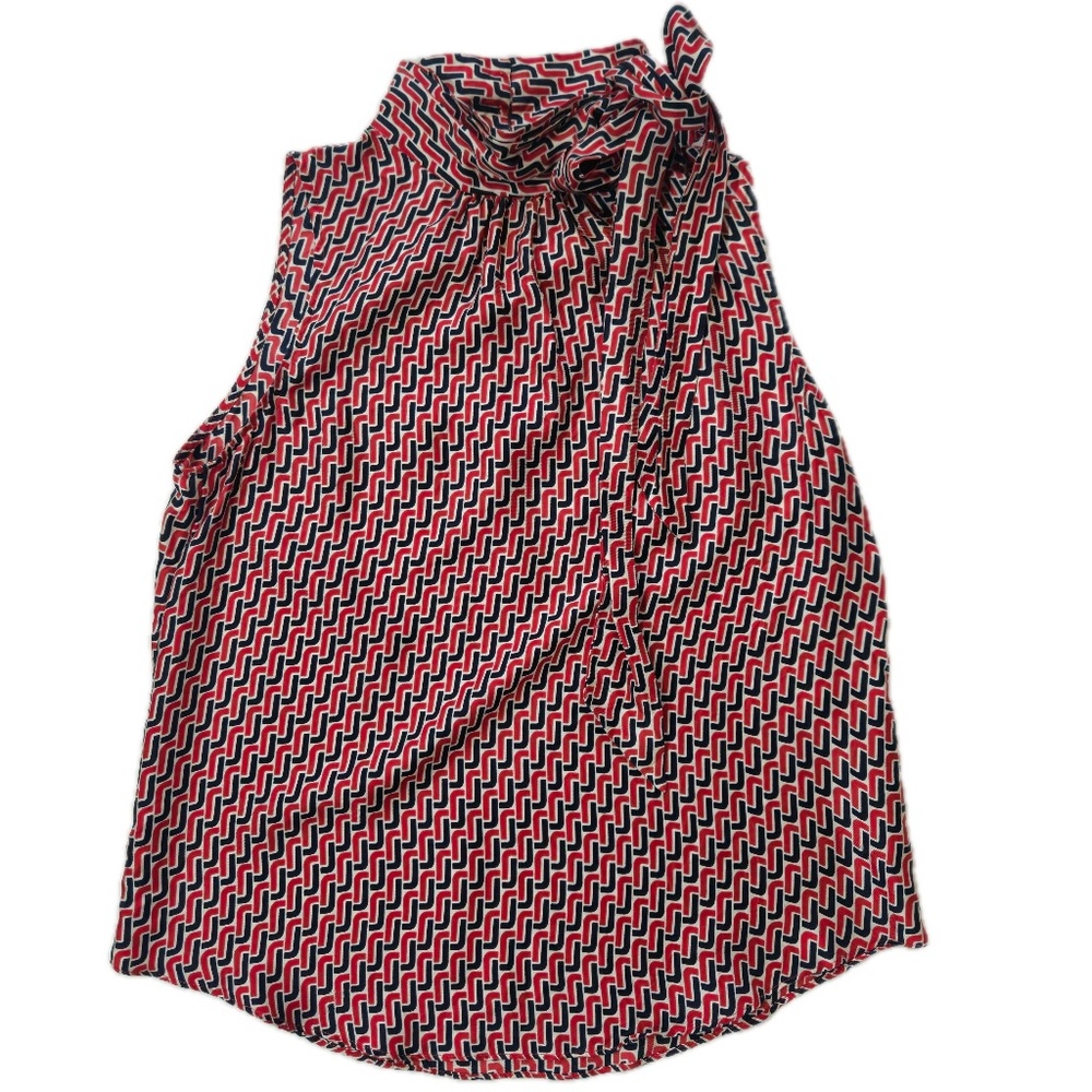 Joie‎ Blouse Womens XS Red High Neck Silk Geometric Bow Button Sleeveless